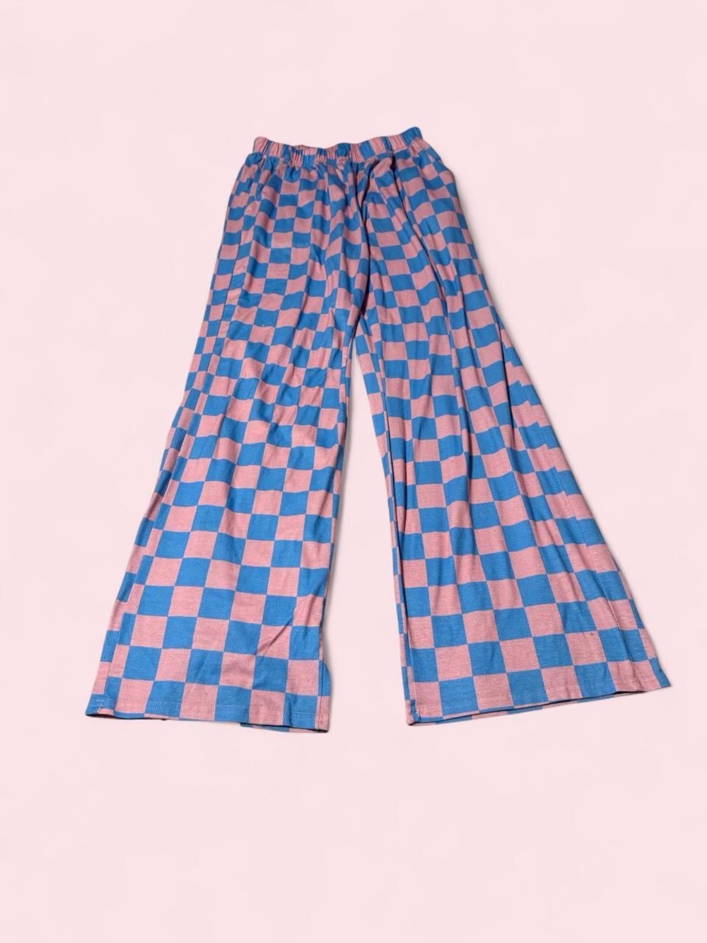 Wide-Leg Checkerboard Pants in Pink & Blue